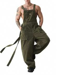 INCERUN Mens Sleeveless Strappy Bib Dungarees Rompers Casual Wide Leg Jumpsuits Fall Corduroy Long Cargo Overalls - 軍綠色 - 查看 3