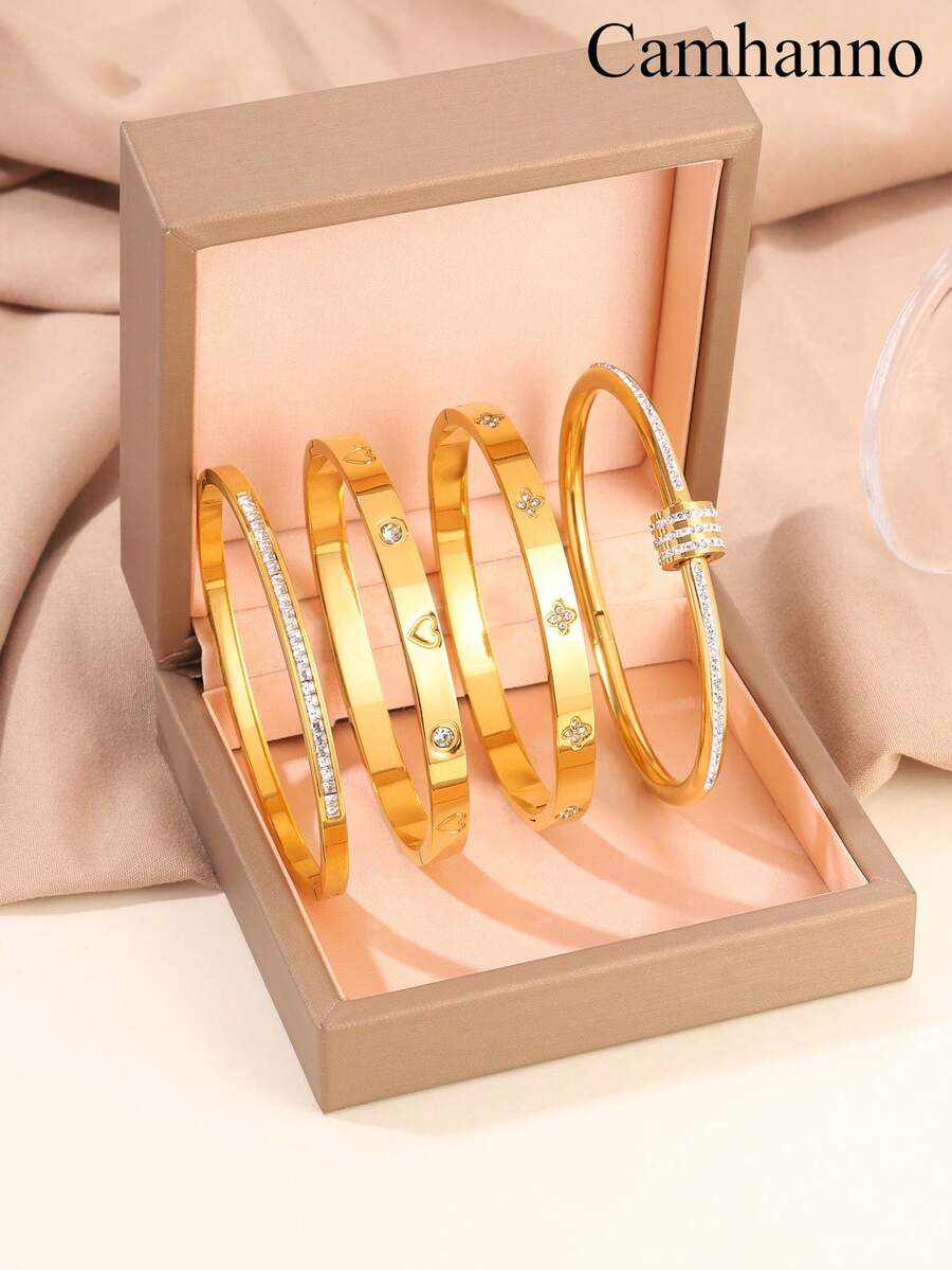 Camhanno 4 Pieces Chic And Delicate Stainless Steel Bracelets Assortment With Special Heart - Themed And Decorative Motifs, Suitable For Dating, Party Gathering And Daily Commute, A Fabulous Gift To Show Your Taste
