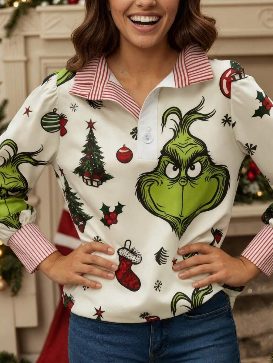 1  Christmas    Casual  Elegant    Polyester    Ruffle    Shirt  Autumn And Winter  Holiday  Daily - Multicolor - View 1