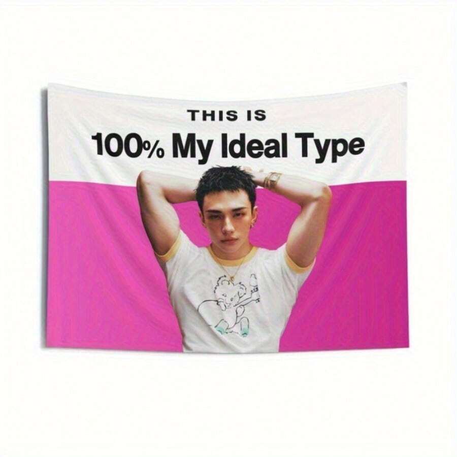 "My Ideal Type" Kpop Banner - Stray Concert Merch SKZ Kpop Fan Decor Durable Peach Light Beige Fabric Horizontal Banner With Vibrant Pink Background & Bold Text No Electricity Needed - Nhiều màu - Xem 1