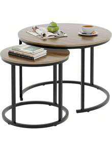 Aboxoo Coffee Table Nesting Side Round Table Set Of 2 End Table With Sturdy Metal Frame For Living Room Bedroom Apartment Modern Industrial Simple Nightstand,Oak - Gỗ sồi - Xem 7