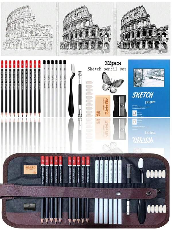32pcs Sketch Pencil Drawing Art Tool Set, Professional Drawing Kit With Pencils, Erasers, Sharpener, Sketch Pads And Pencil Case