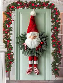 1 Decoración navideña de enano festivo para puerta, corona de puerta de poliéster con base a rayas rojas, sin necesidad de electricidad, decoración de pared festiva
