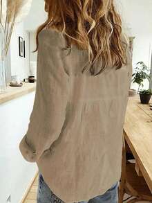Women's Cotton Linen Blouse Long Sleeves Plus Size - Brown - View 6