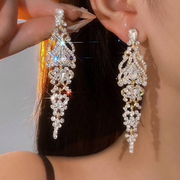 1 Pair Luxury Hollow Crystal Teardrop Tassel Long Earrings, Suitable For Wedding, Party, Banquet