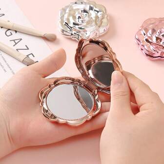 Three-Dimensional Electroplated Rose Makeup Mirror, Small Rose Flower Mirror, Fashionable And Exquisite Flower Mirror, Rose Folding Mirror, Folding Mirror, Student Portable Folding Mirror, Travel Pocket Mirror Flip Cover Makeup Mirror