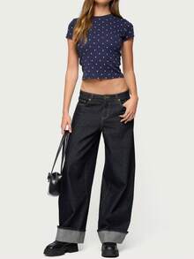Women's Polka Dot T-Shirt Vintage Short Sleeve Crew Neck Slim Fit Crop Tops Soft Cotton Pullover Shirt Summer Cute Baby Tee Casual Streetwear Going Out Outfit - 藏蓝色 - 查看 4