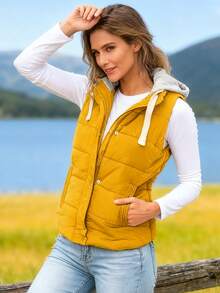 Women's Hooded Puffer Vest, Winter Warm Zip Up Quilted Jacket For Outdoor Casual Wear - Màu vàng - Xem 8