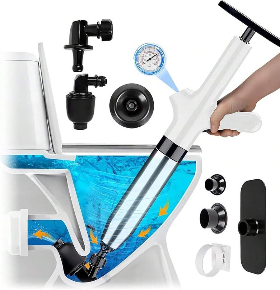 Kit de 8 Herramientas Destapacaños de inodoro, Acero Inoxidable Premium, Incluye Medidor de Presión y 4 Ventosas, Bomba Todo en, Alta Presión para Inodoro, Lavabo, Bañera y Tuberías (Blanco) - Blanco - Ver 1