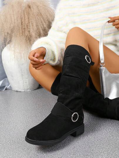 Damen Stiefel in Große Größen für Herbst/Winter, europäischer & amerikanischer Stil mit Schnallenverschluss, kniehohe Stiefel, runde Zehenform, einfarbige Reitstiefel