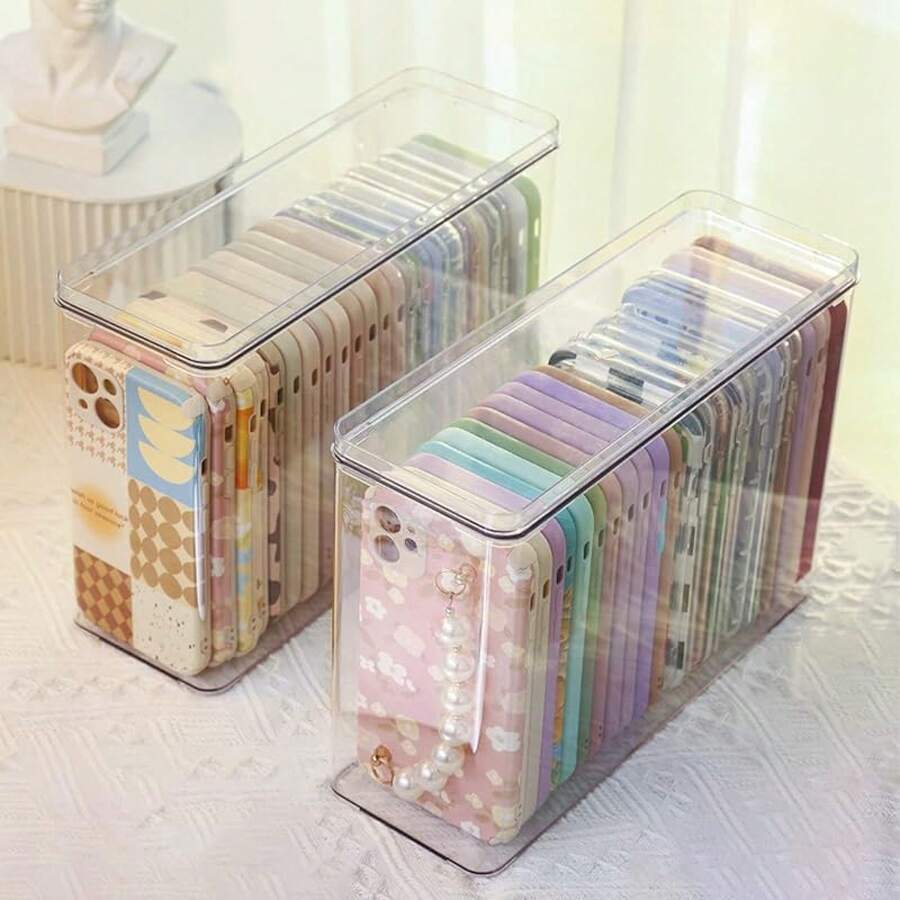 Plastic Phone Case Organizer, Clear Storage Holder Box With Lid For Cell Phone Basic Cases, Multifunctional Phone Case Storage Box For Desk, Cupboard, Cabinethalloween - With Lid-2PCS - View 1