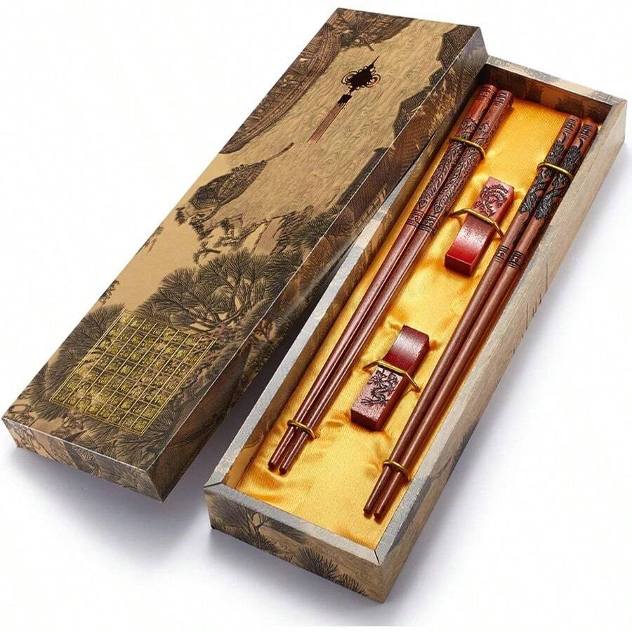 New Chopstick  Chinese Dragon And Phoenix Chopsticks With Holder And Carrying Bag Chinese Traditional Stylish Set 2 Pairs