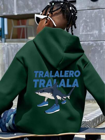 Moletom casual simples com estampa de tubarão para meninos, manga comprida, estilo estudante, outono e inverno