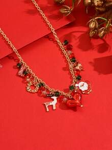 1pc Christmas Series Colorful Cartoon Santa Claus, Snowman, Heart, Reindeer, Bow, Wreath, Boot Pendant Necklace, Holiday Sweater Chain, Choker, Gift For Friends, New Year Gift
