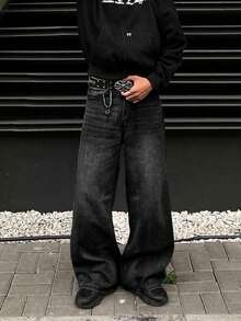 Casual Street Fashion Washed Denim Jeans, Minimalist Loose Wide-Leg Jeans - Black - View 3