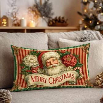 1pc Vintage Striped Floral & Santa Claus Pattern Cushion Cover, Soft Peach Velvet Material, 30*50cm/40*60cm Single-Sided Printed Decorative Pillow Sham For Home Bedroom Living Room Sofa, Christmas Decor, Pillow Cover Gift (No Pillow Insert)