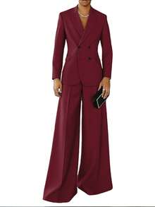INCERUN Fashion Men Lapel Neck Long Sleeve Blazer Coat Jacket Wide-Leg Pants Trousers Party Business Commuting 2PCS Sets Outfits - 酒紅 - 查看 3