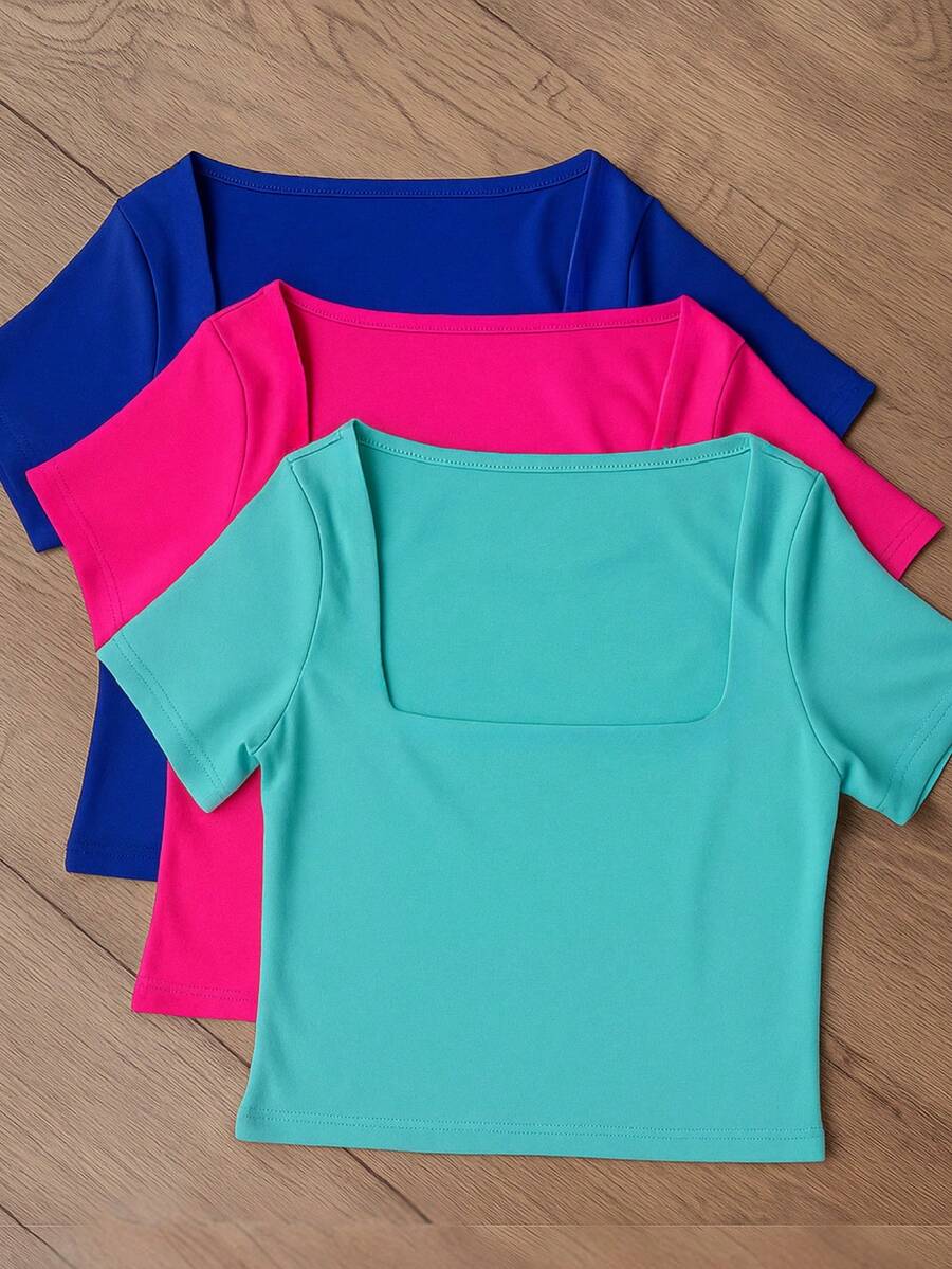 Square Suplex Cropped Top With Casual Lining For Women, Kit With 3 - Bic Blue/Pink/Water Green - View 1
