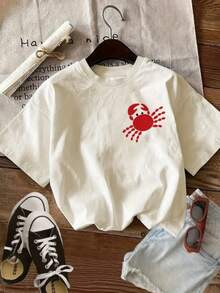 Women's Stylish Crab T-Shirt Round Neck 100% Cotton - 白色 - 查看 2