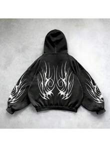 Dark Style Hip-Hop Gothic Subculture Harajuku Y2K Pattern Letter Print Hooded Sweatshirt For Men, Casual Zipper-Opening Jacket With Hood - màu đen - Xem 2