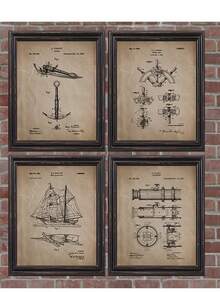4 postere cu brevete de navigație - Decor de perete unic cu vele, inspirat din stilul vintage, Imprimeu artistic de înaltă calitate cu tematică nautică, Pictură pe pânză frumoasă cu navă, Imagine de perete uimitoare cu vele - Perfectă pentru decorarea biroului de acasă, Neînrămată pentru personalizare ușoară
