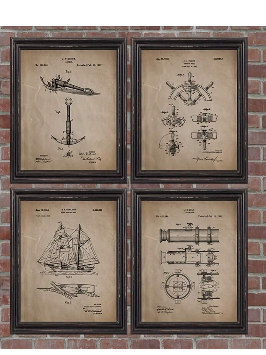 4 postere cu brevete de navigație - Decor de perete unic cu vele, inspirat din stilul vintage, Imprimeu artistic de înaltă calitate cu tematică nautică, Pictură pe pânză frumoasă cu navă, Imagine de perete uimitoare cu vele - Perfectă pentru decorarea biroului de acasă, Neînrămată pentru personalizare ușoară