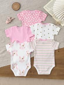 5 Pieces Cartoon Short Sleeve Baby Boy Girl Bodysuits Soft Pure Cotton Four Seasons - Hồng - Xem 2