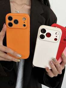 1pc New Orange Business Leather Texture Large Window Silicone Shockproof Protective Phone Case Cover Compatible With Apple 13 14 15 16 17 Pro Max - Orange - View 2