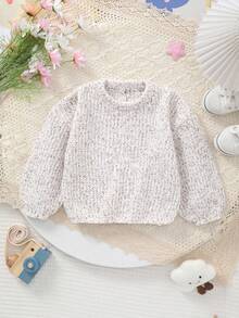 女婴宽松圆领长袖毛衣，秋冬季 - 白色 - 查看 1