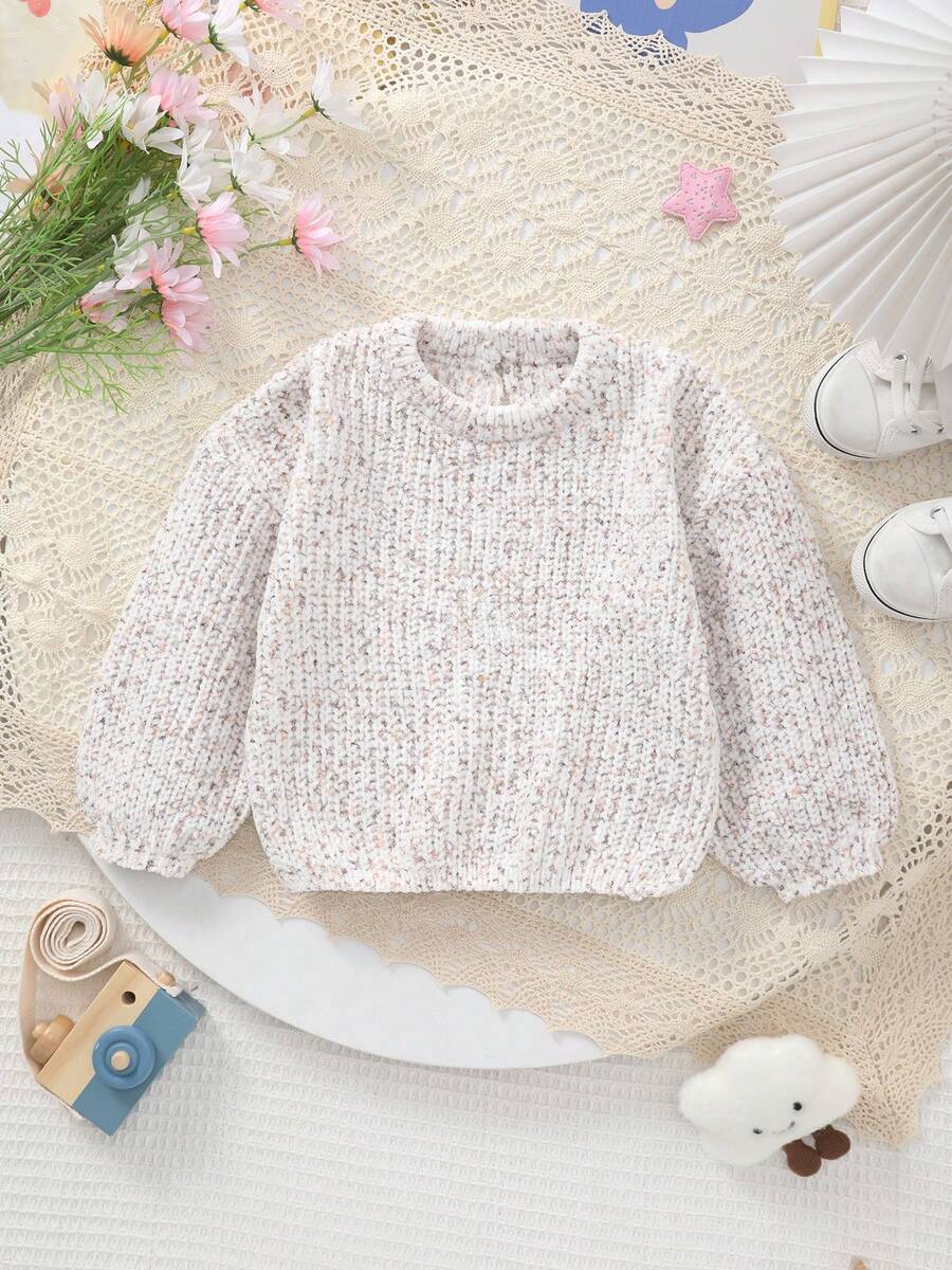 女婴宽松圆领长袖毛衣，秋冬季 - 白色 - 查看 1