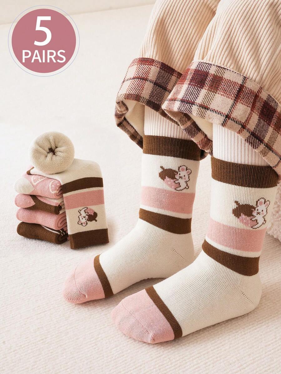 5 Pairs Kids' Thick Thermal Lined Mid-Calf Socks, Warm For Cold Weather, Suitable For Indoor, Outdoor, Sports Wear In Autumn/Winter