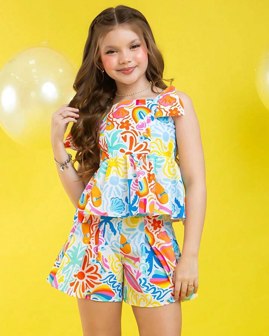 Maria Flor Print Children's Youth Combination, Girls' Clothing Size, 4, 6, 8, 10, 12, 14, 16 - Hoa Maria nhiều màu - Xem 1