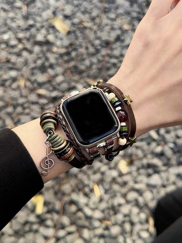 1PC Brown Note Watch Strap Bracelet For Women Compatible With Apple Watch 38mm40mm 41mm 42mm 45mm 46mm 49mm,Music Star Design Beaded Strap Compatible With Apple Watch Series 10/9/8/7/6/5/4/3/2/1/SE/Ultra,Adjustable Wrist Strap, Valentine's Day Gifts