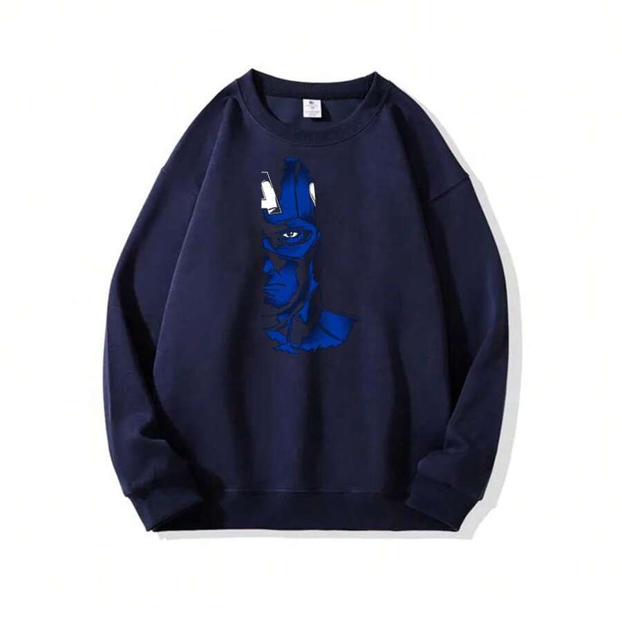 Captain-AmericaS Pullover Sweatshirts Unisex Long Sleeve O-Neck Casual Top Sweatshirt Men & Women Graphic Sweatshirts Printed Funny Sweatshirts Spring Autumn And Winter Streetwear Clothes For Male & Female - 藏青色 - 查看 1