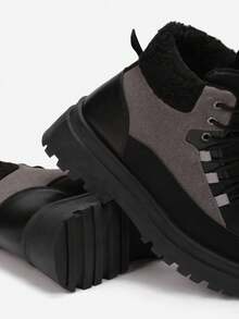 Casual Color Block Lace-Up Trapper Boots For Daily Wear - Dark Grey - View 5