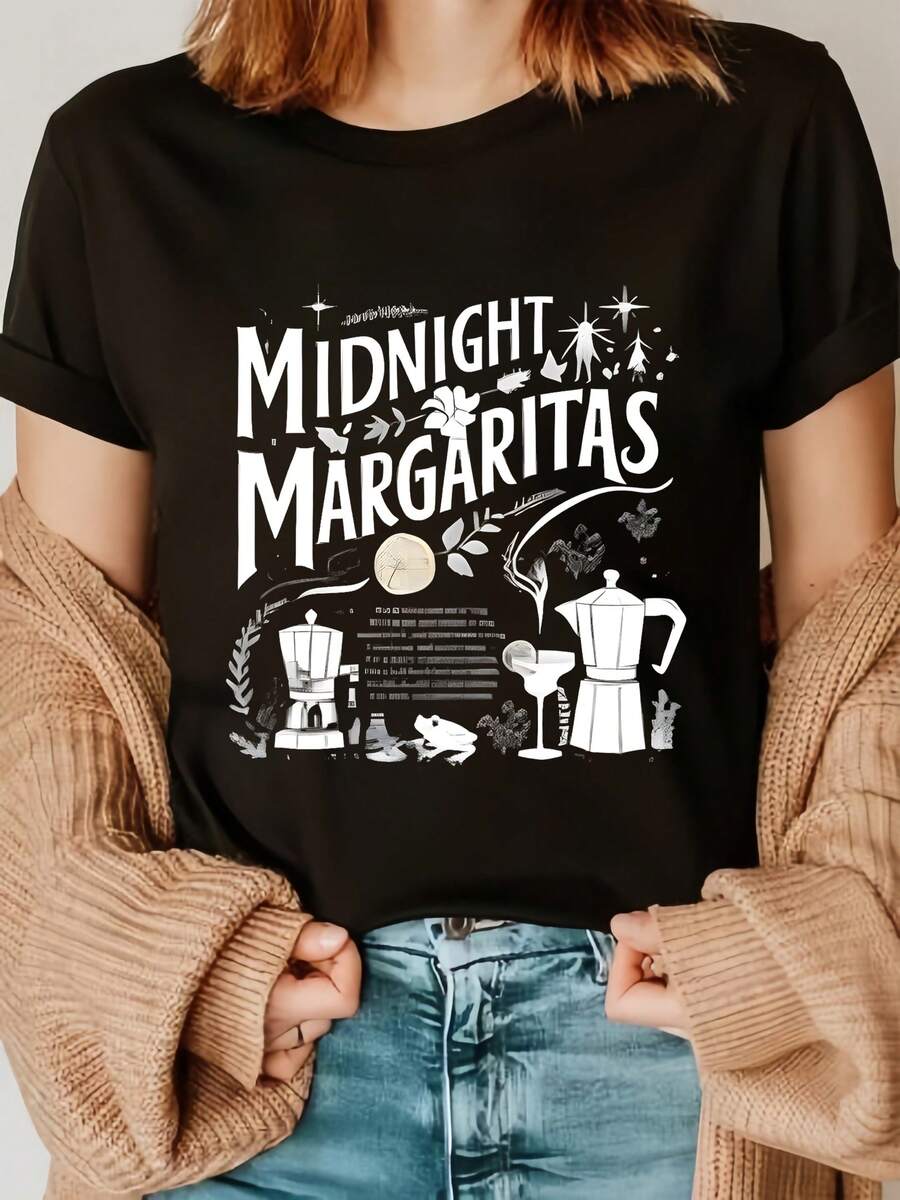 Camisa con estampa de Midnight Margaritas,Camiseta casual estampada de manga corta y cuello redondo, 100 % algodón,disfraz halloween mujer - Negro - Ver 1