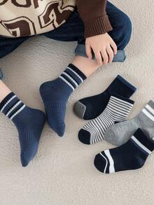 5 双儿童/中性条纹拼布运动中筒袜，柔软舒适，温暖休闲，适合秋冬 - 彩色 - 查看 2