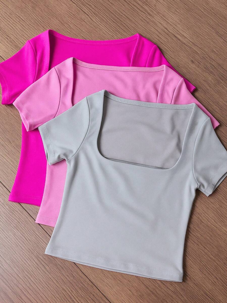 Square Suplex Cropped Top With Casual Lining For Women, Kit With 3 - Pink/Baby Pink/Gray - View 1