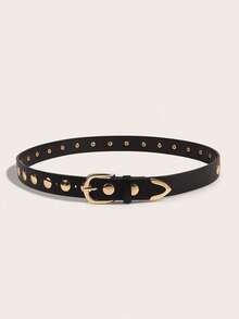 1pc Boho Metal Round Rivet Western Black Belt For Women, Y2K Style Belt To Pair With Jeans, Dresses, Suits, Suitable For Daily Wear, Parties, Streetwear, Back To School, Great Gift For Friends - Gold Rivets - View 4