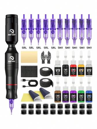 DQFART Kit tatuaggio senza fili, dotato di una penna per tatuaggio, 1 batteria per tatuaggio, un kit completo con 10 aghi per tatuaggio, 10 inchiostri per tatuaggio e una varietà di forniture per tatuaggi, un kit tatuaggio adatto per principianti e artisti del tatuaggio, adatto per Ognissanti, Natale e varie festività
