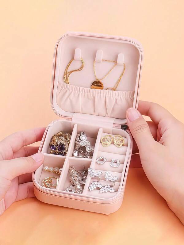 Multifunctional Travel Jewelry Organizer, PU Dustproof Jewelry Box, Compact Zipper Jewelry Box, Cosmetic Storage Box, Nail Polish Storage Box, Small Jewelry Box, Women's Jewelry Box, Pink Gift Box, Jewelry Organizer, Jewelry Travel Storage Accessory, Travel Essential, Cruise Essential, Ring, Necklace, Earring Storage, Gift For Women, Christmas Gift, Holiday Gift.