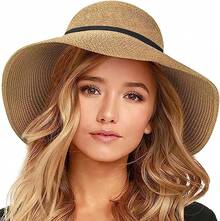 Sombrero para Sol Mujer, Sombrero de Paja de ala Ancha Plegable, Sombrero de Paja Suave Enrollable UPF Ajustable para Verano, Viajes al Aire Libre, Playa, protección Solar.… - Caqui - Ver 1