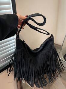 1 pieza Bolso de mano con diseño mate de moda, bolso cruzado versátil bohemio vintage con flecos, bolso de hombro estilo Y2K, regalo para vacaciones, ideal para compras al aire libre y estilo callejero - Negro - Ver 3