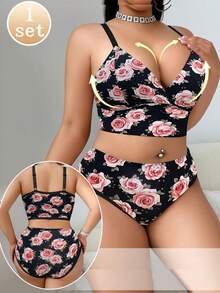 大码休闲印花内衣套装 - 黑色 - 查看 4