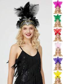 1 pieza Diadema de fascinador de Halloween con plumas, tocado de plumas y lentejuelas para mujer para carnaval, fiesta de disfraces, Cosplay, Vegas Showgirl, accesorios de Halloween, bufanda de invierno cálida, diademas para el cabello, bandanas de invierno, accesorios para el cabello de mujer