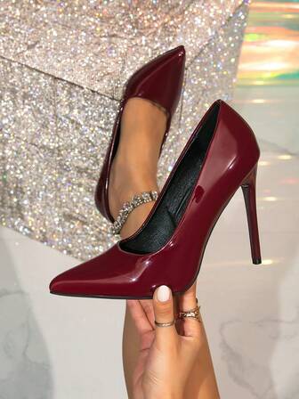 Women's French Style High Heel Pumps, Solid Burgundy Color, Suitable For Dresses, Runway, Nightclub Parties, Formal Occasions, Work, Ballroom Dancing, Slip-On