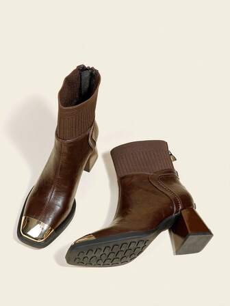 Women's Brown Ankle Boots And Short Boots, Chunky 6cm High Heel Block Heel Iron Head Short Boots With Back Zipper And Knit Patchwork