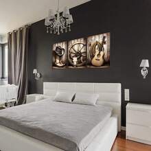 3pcs Cowboy Wall Art American Western Competitive Cowboy Hat Boots Picture Poster, Guitar Painting, Cloth Beige Vintage Artwork Home Office Bedroom Decor, No Frame