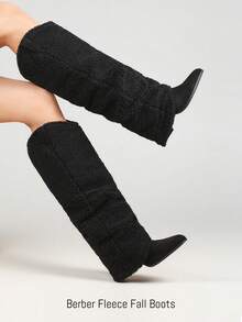 2025 Women Knee High Boots Western Cowboy Boots Chunky Heeled Warm Boots Slouch Tall Boots ,Fold Calf ,Side Zipper,Wide Calf - Đêm tối - Xem 1