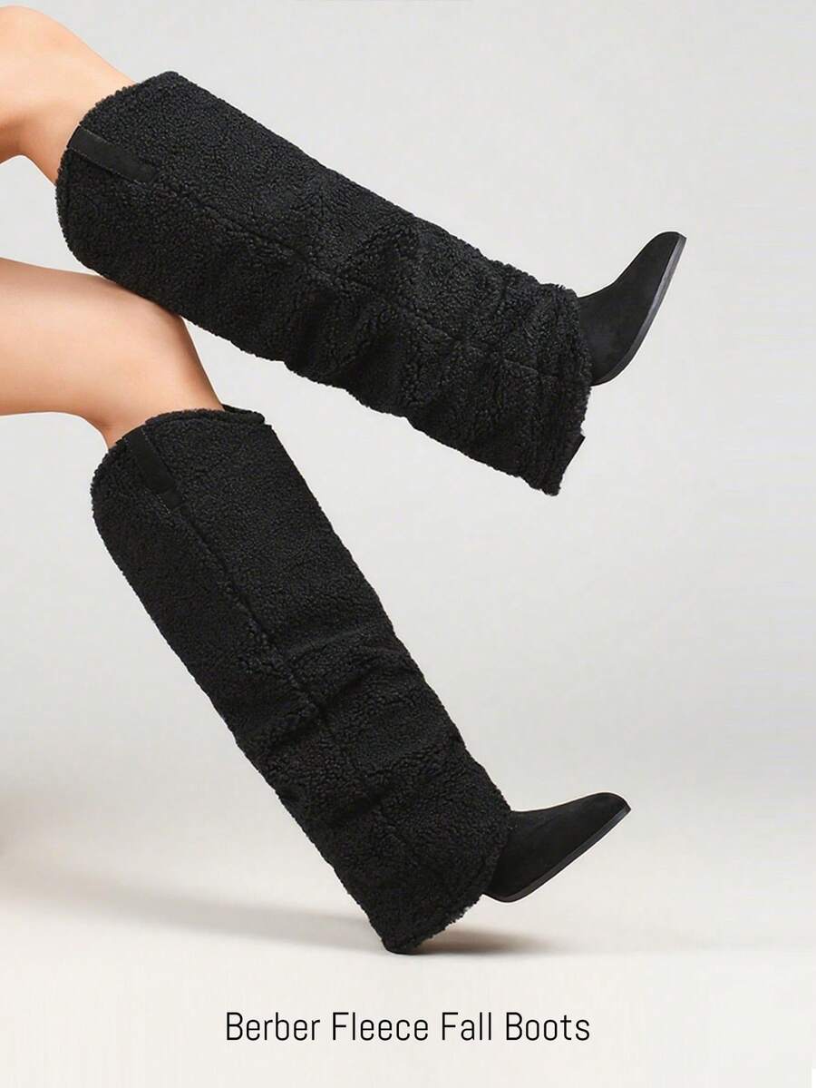 2025 Women Knee High Boots Western Cowboy Boots Chunky Heeled Warm Boots Slouch Tall Boots ,Fold Calf ,Side Zipper,Wide Calf - Đêm tối - Xem 1